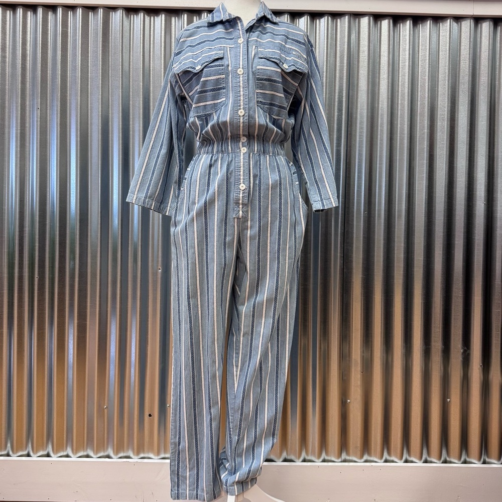 Dreams Blue/White Striped Button Front Boilermaker Jumpsuit 90’s Vintage Medium